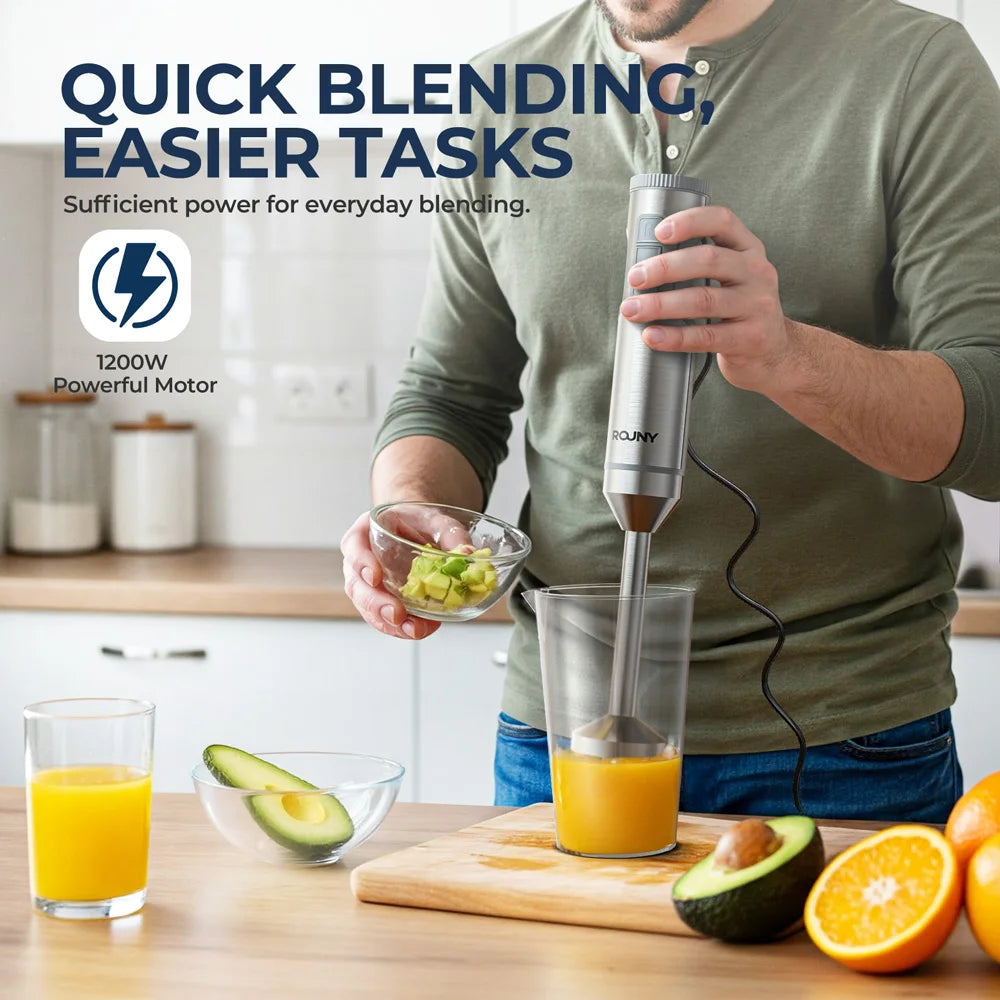 ROUNY 4-in-1 Hand Immersion Blender – 14 Speeds, 700ml Beaker, 500ml Processor & Whisk