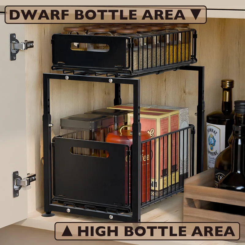2-Tier Pull-Out Kitchen Cabinet Storage Rack with Ball-Bearing Slides