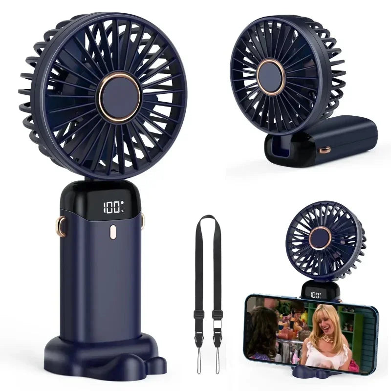 3-in-1 Portable Neck Fan & Handheld Fan – 5 Speeds, LED Display, Phone Stand