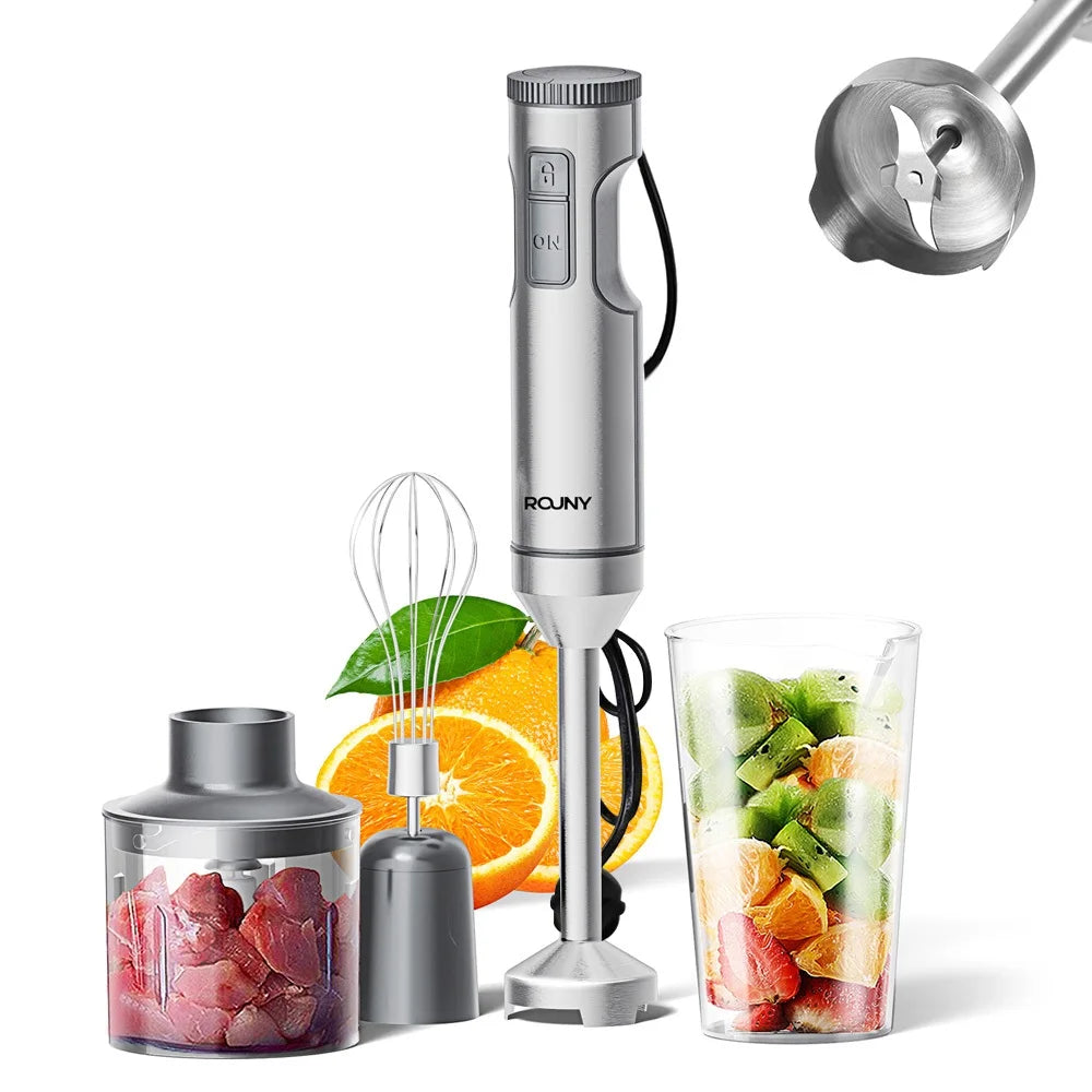 ROUNY 4-in-1 Hand Immersion Blender – 14 Speeds, 700ml Beaker, 500ml Processor & Whisk