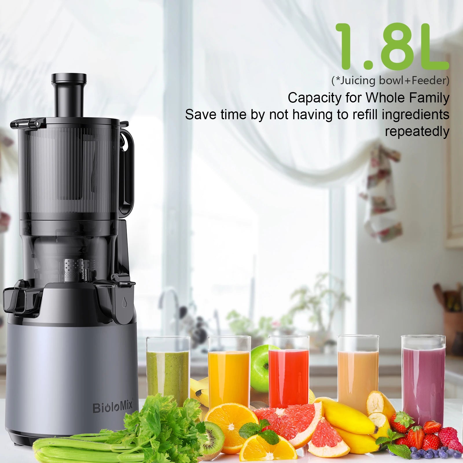 BioloMix Cold Press Slow Masticating Juicer – 130mm Feed Chute, Triple Filter, BPA-Free
