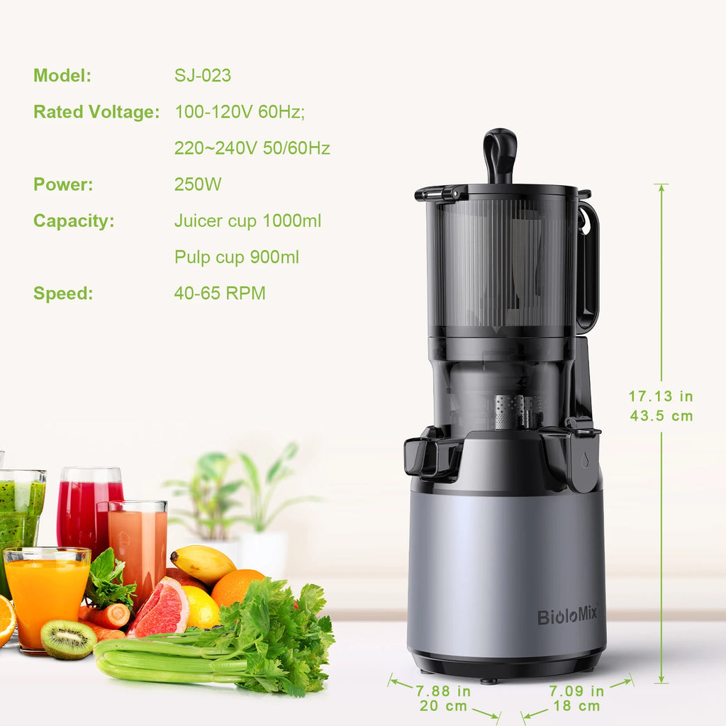 BioloMix Cold Press Slow Masticating Juicer – 130mm Feed Chute, Triple Filter, BPA-Free