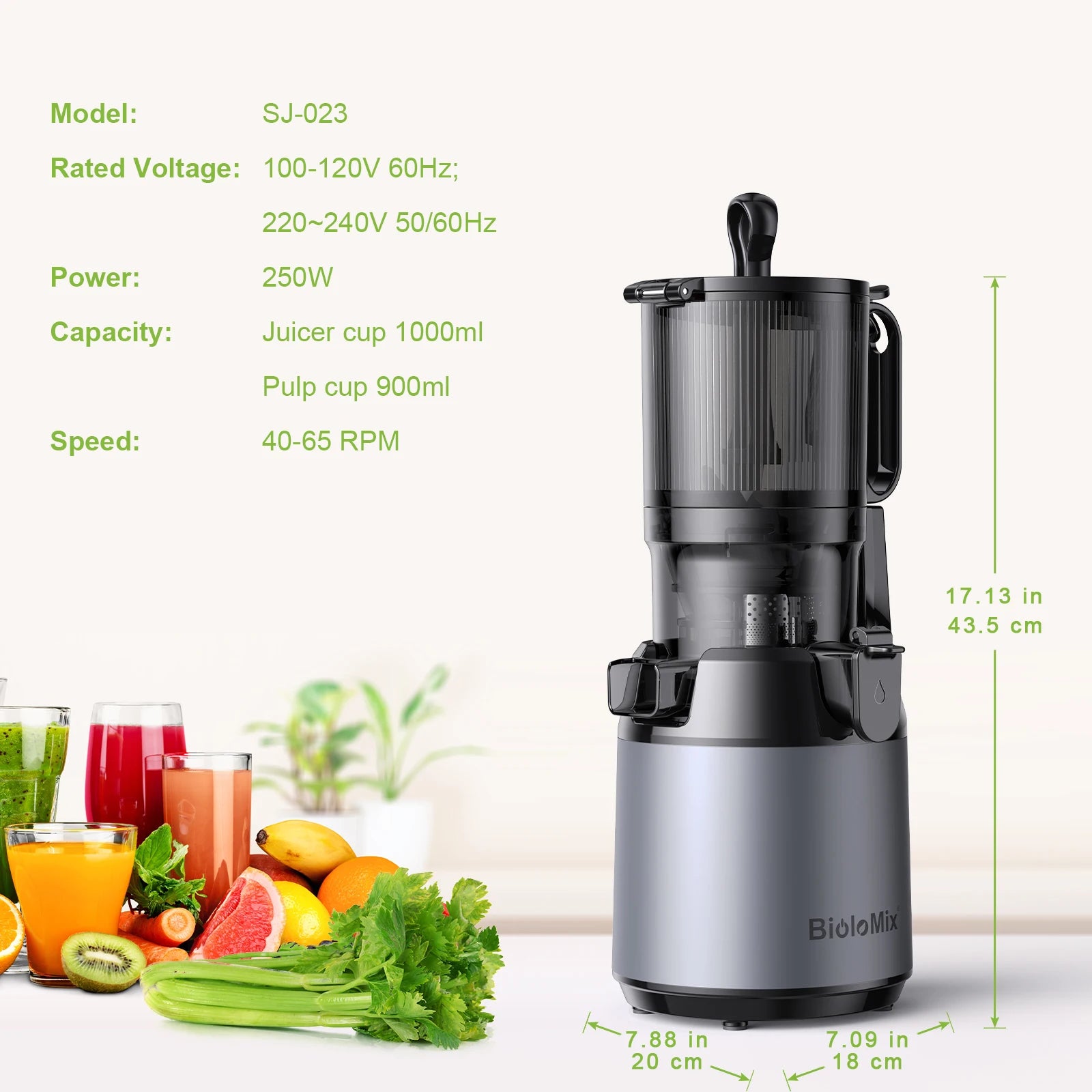 BioloMix Cold Press Slow Masticating Juicer – 130mm Feed Chute, Triple Filter, BPA-Free