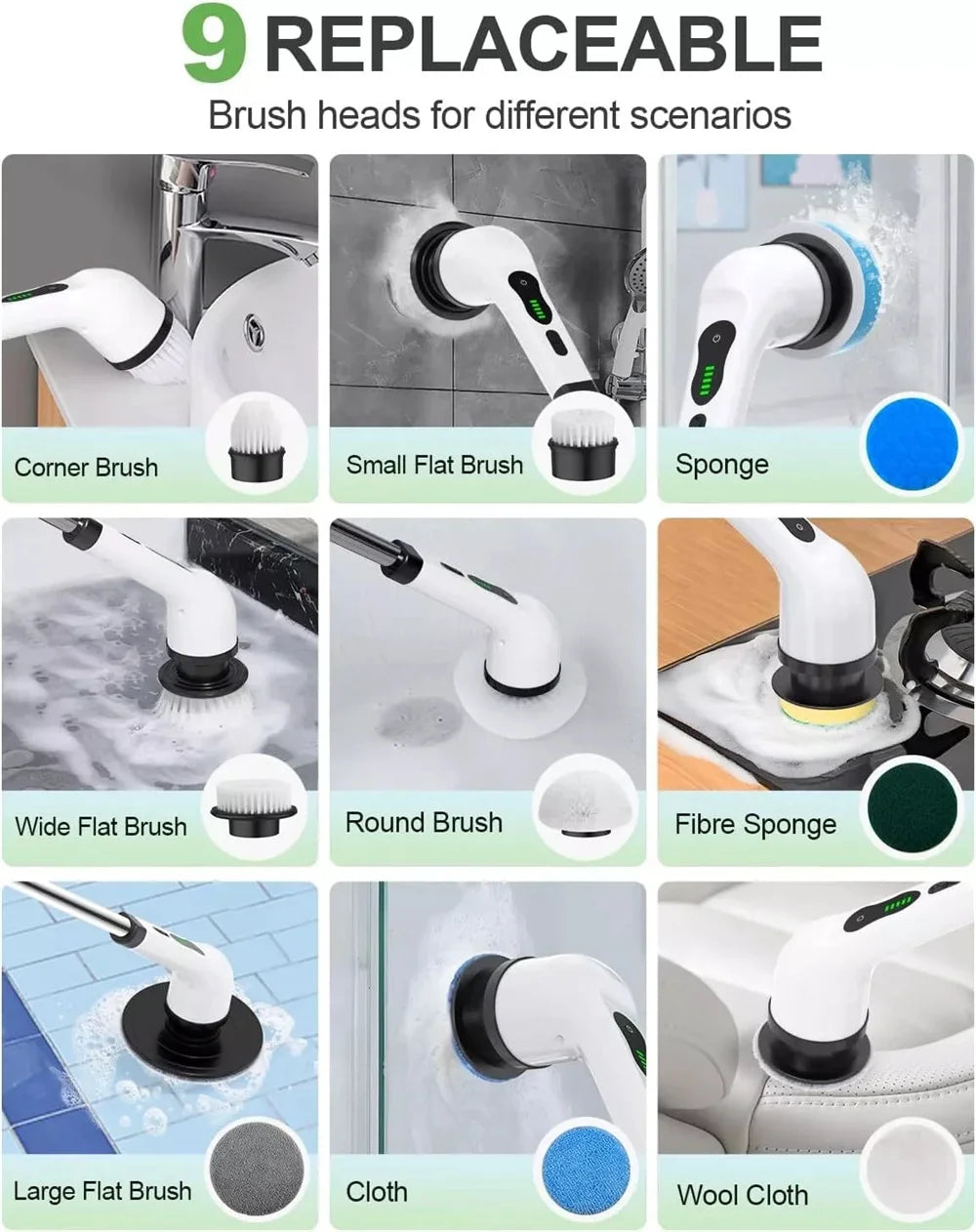 9-in-1 Cordless Electric Spin Scrubber with Telescopic Handle & 9 Brush Heads