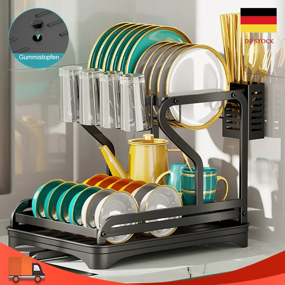 Kitchen Dish Drying Rack with Drainboard & Organiser