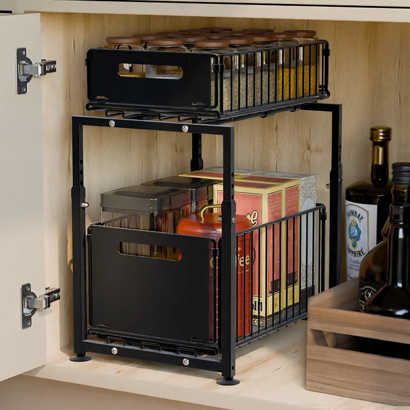2-Tier Pull-Out Kitchen Cabinet Storage Rack with Ball-Bearing Slides