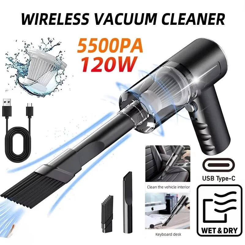 120W Cordless Handheld Vacuum Cleaner – 5500Pa Suction, HEPA Filter, USB-C Charging | Home & Car