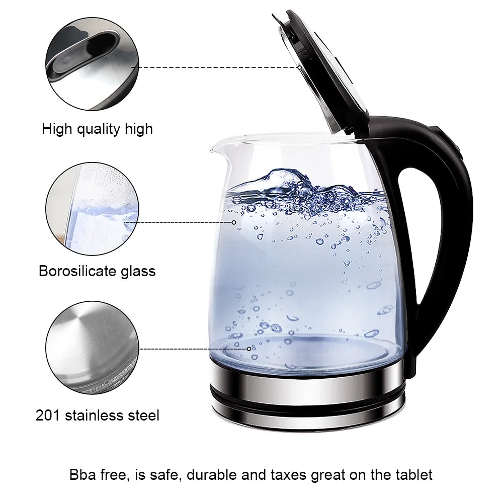 1.8L Glass Electric Kettle with Blue LED & Auto Shut-Off – UK & EU Plug